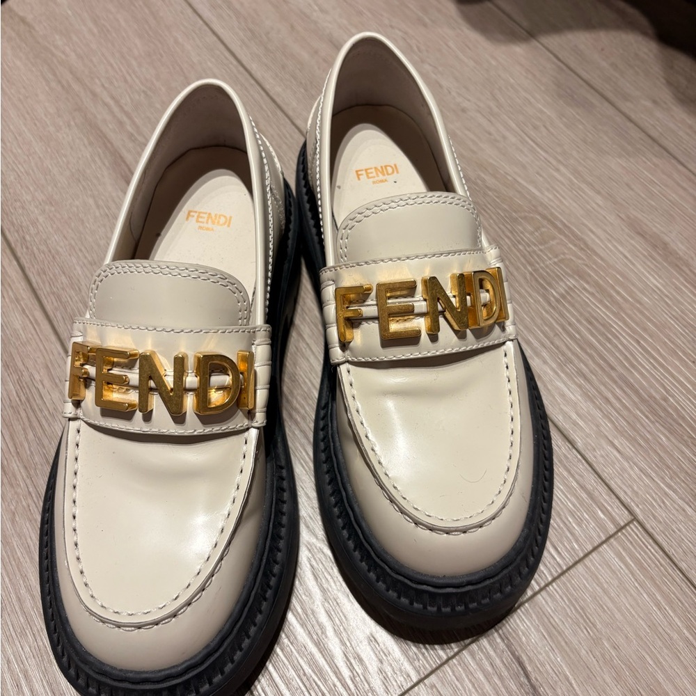 Fendi White Patent Leather Penny Loafers with Gold Letters